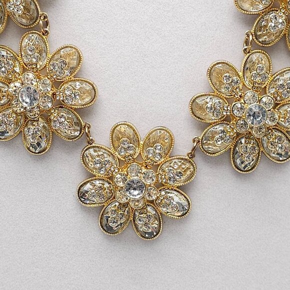 Gold Tone Flower Necklace Matching Crystal Ball Earrings Set - Picture 4 of 7